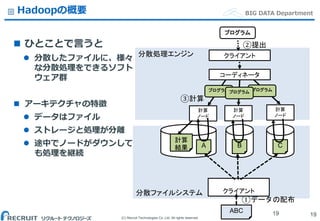 (C) Recruit Technologies Co.,Ltd. All rights reserved.
BIG DATA DepartmentHadoopの概要
 ひとことで言うと
 分散したファイルに、様々
な分散処理をできるソフト
ウェア群
 アーキテクチャの特徴
 データはファイル
 ストレージと処理が分離
 途中でノードがダウンして
も処理を継続
1919
分散ファイルシステム
分散処理エンジン
ABC
A B C
クライアント
計算
ノード
計算
ノード
計算
ノード
コーディネータ
①データの配布
②提出
③計算
計算
結果
プログラム
プログラム
クライアント
プログラムプログラム
 