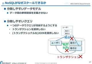 (C) Recruit Technologies Co.,Ltd. All rights reserved.
BIG DATA DepartmentNoSQLがなぜスケールできるか
 分散しやすいデータモデル
 データ間の参照関係を定義させない
 分散しやすいクエリ
 一つのデータでクエリが完結するようにする
• トランザクションを提供しない
• (トランザクショナルな)JOINを提供しない
27
ユーザ１
取引１
取引２
ユーザ１ 取引１
トランザクション
取引２
参照
制約
結合
 