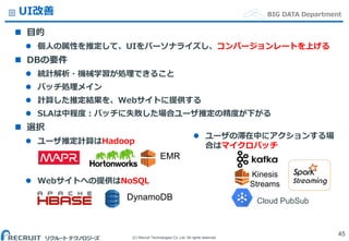 (C) Recruit Technologies Co.,Ltd. All rights reserved.
BIG DATA DepartmentUI改善
 目的
 個人の属性を推定して、UIをパーソナライズし、コンバージョンレートを上げる
 DBの要件
 統計解析・機械学習が処理できること
 バッチ処理メイン
 計算した推定結果を、Webサイトに提供する
 SLAは中程度：バッチに失敗した場合ユーザ推定の精度が下がる
 選択
 ユーザ推定計算はHadoop
 Webサイトへの提供はNoSQL
45
EMR
DynamoDB
Kinesis
Streams
Cloud PubSub
 ユーザの滞在中にアクションする場
合はマイクロバッチ
 