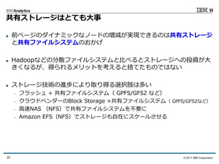 © 2017 IBM Corporation20
共有ストレージはとても大事
 前ページのダイナミックなノードの増減が実現できるのは共有ストレージ
と共有ファイルシステムのおかげ
 Hadoopなどの分散ファイルシステムと比べるとストレージへの投資が大
きくなるが、得られるメリットを考えると捨てたものではない
 ストレージ技術の進歩により取り得る選択肢は多い
— フラッシュ + 共有ファイルシステム（ GPFS/GFS2 など）
— クラウドベンダーのBlock Storage +共有ファイルシステム（ GPFS/GFS2など）
— 高速NAS （NFS）で共有ファイルシステムを不要に
— Amazon EFS（NFS）でストレージも自在にスケールさせる
 