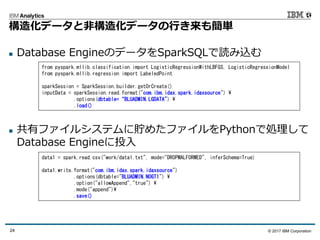 © 2017 IBM Corporation24
構造化データと非構造化データの行き来も簡単
 Database EngineのデータをSparkSQLで読み込む
 共有ファイルシステムに貯めたファイルをPythonで処理して
Database Engineに投入
from pyspark.mllib.classification import LogisticRegressionWithLBFGS, LogisticRegressionModel
from pyspark.mllib.regression import LabeledPoint
sparkSession = SparkSession.builder.getOrCreate()
inputData = sparkSession.read.format("com.ibm.idax.spark.idaxsource") ¥
.options(dbtable=“BLUADMIN.LGDATA") ¥
.load()
data1 = spark.read.csv("work/data1.txt", mode="DROPMALFORMED", inferSchema=True)
data1.write.format("com.ibm.idax.spark.idaxsource")
.options(dbtable="BLUADMIN.NOGT1") ¥
.option("allowAppend","true") ¥
.mode("append")¥
.save()
 