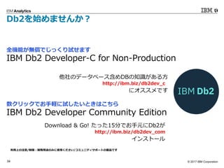 © 2017 IBM Corporation34
数クリックでお手軽に試したいときはこちら
IBM Db2 Developer Community Edition
利用上の注意/制限：開発用途のみに使用ください/コミュニティサポートの製品です
Db2を始めませんか？
Download & Go! たった15分でお手元にDb2が
インストール
http://ibm.biz/db2dev_com
http://ibm.biz/db2dev_c
他社のデータベース含めDBの知識がある方
にオススメです
全機能が無償でじっくり試せます
IBM Db2 Developer-C for Non-Production
 
