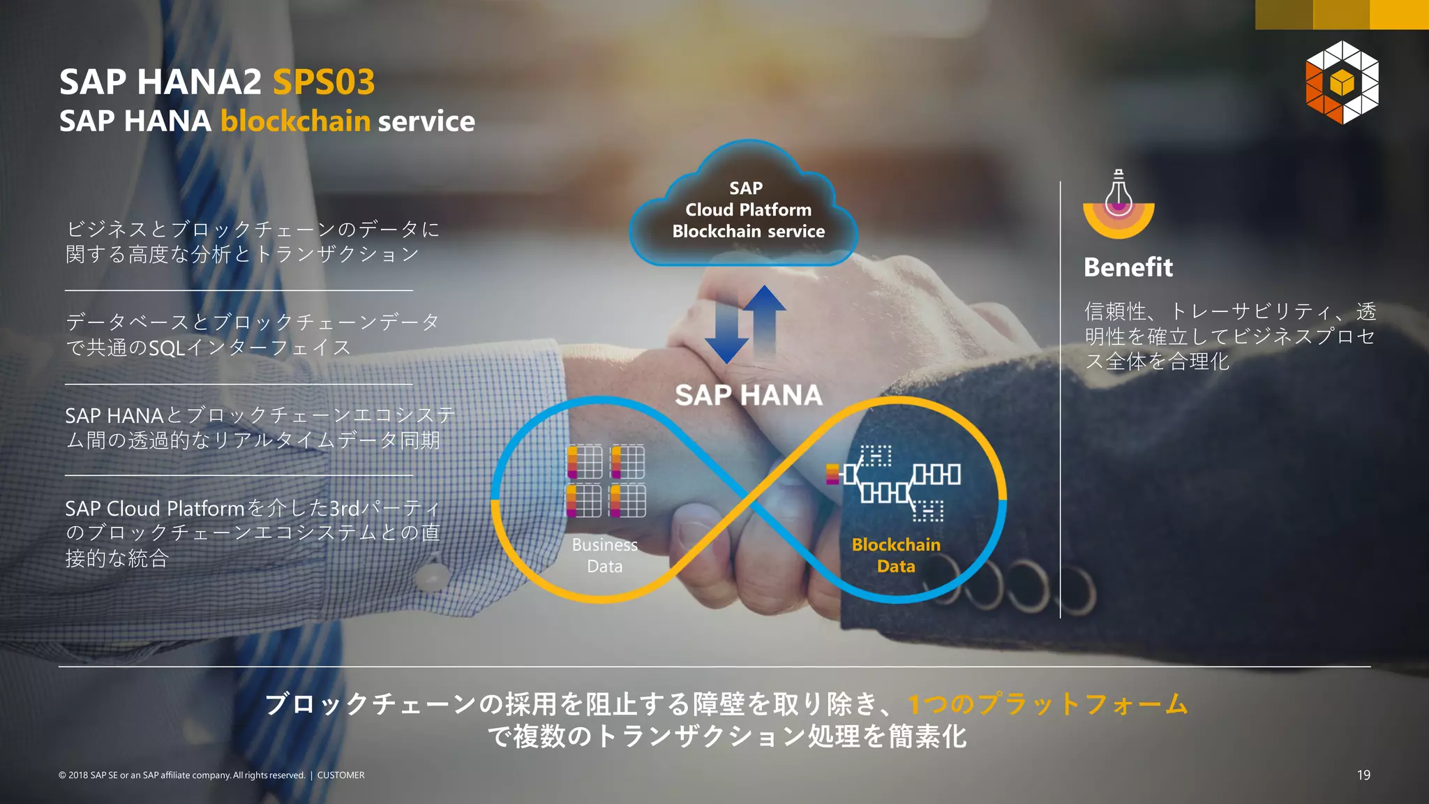 19PUBLIC© 2018 SAP SE or an SAP affiliate company. All rights reserved. ǀ© 2018 SAP SE or an SAP affiliate company.All rights reserved. ǀ CUSTOMER 19
Business
Data
Blockchain
Data
Benefit
信頼性、トレーサビリティ、透
明性を確立してビジネスプロセ
ス全体を合理化
ブロックチェーンの採用を阻止する障壁を取り除き、1つのプラットフォーム
で複数のトランザクション処理を簡素化
ビジネスとブロックチェーンのデータに
関する高度な分析とトランザクション
データベースとブロックチェーンデータ
で共通のSQLインターフェイス
SAP HANAとブロックチェーンエコシステ
ム間の透過的なリアルタイムデータ同期
SAP Cloud Platformを介した3rdパーティ
のブロックチェーンエコシステムとの直
接的な統合
SAP
Cloud Platform
Blockchain service
SAP HANA2 SPS03
SAP HANA blockchain service
 