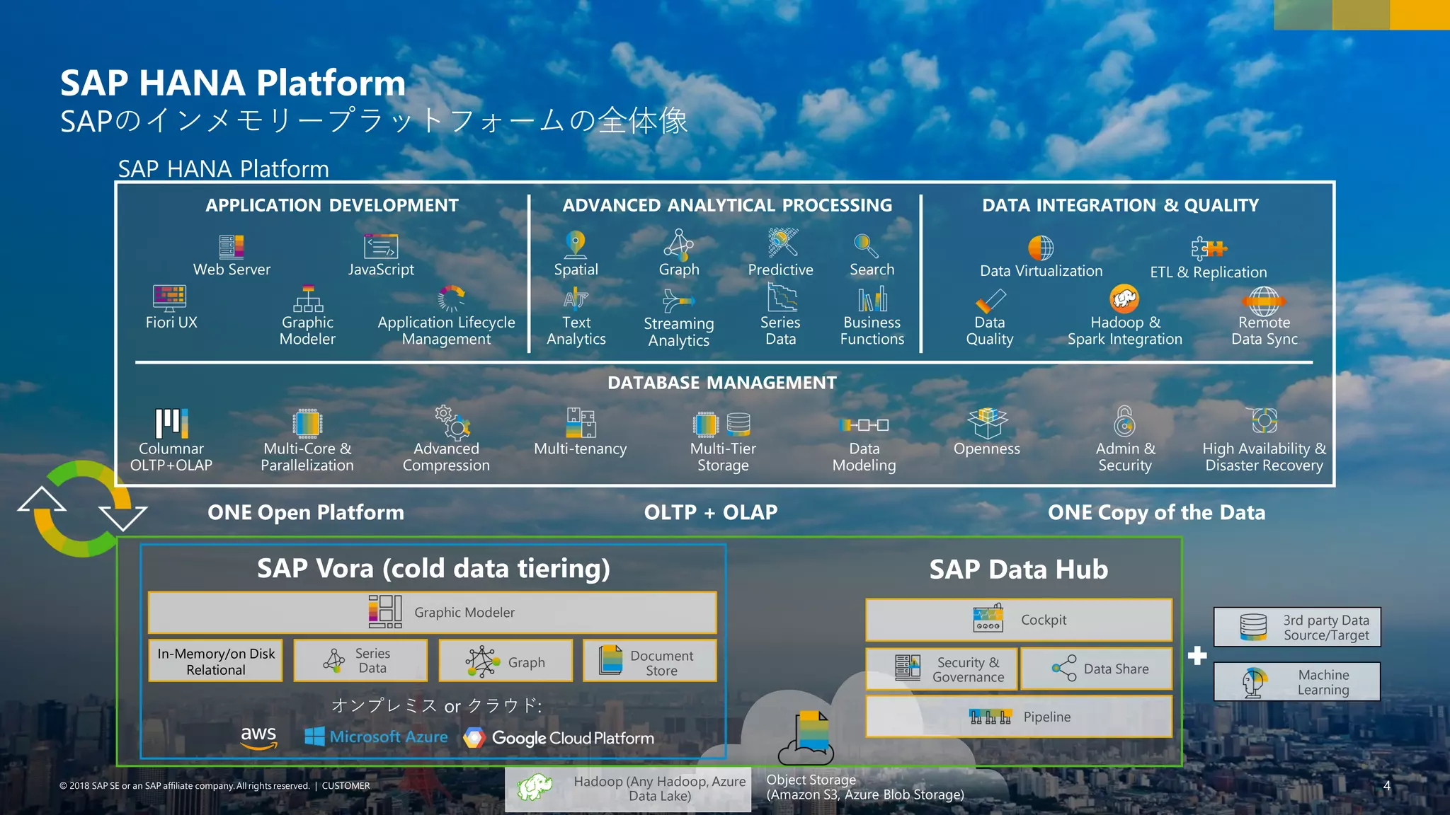 4PUBLIC© 2018 SAP SE or an SAP affiliate company. All rights reserved. ǀ© 2018 SAP SE or an SAP affiliate company.All rights reserved. ǀ CUSTOMER 4Object Storage
(Amazon S3, Azure Blob Storage)
Hadoop (Any Hadoop, Azure
Data Lake)
SAP Data Hub
Cockpit
Pipeline
Security &
Governance
Data Share
オンプレミス or クラウド:
In-Memory/on Disk
Relational
SAP Vora (cold data tiering)
Graphic Modeler
Series
Data Graph Document
Store
SAP HANA Platform
SAPのインメモリープラットフォームの全体像
3rd party Data
Source/Target
Machine
Learning
OLTP + OLAPONE Open Platform ONE Copy of the Data
DATABASE MANAGEMENT
Web Server JavaScript
Graphic
Modeler
Data Virtualization ETL & Replication
Columnar
OLTP+OLAP
Multi-Core &
Parallelization
Advanced
Compression
Multi-tenancy Multi-Tier
Storage
Graph Predictive Search
Data
Quality
Series
Data
Business
Functions
Hadoop &
Spark Integration
Application Lifecycle
Management
High Availability &
Disaster Recovery
OpennessData
Modeling
Admin &
Security
Remote
Data Sync
Spatial
Text
Analytics
Fiori UX
APPLICATION DEVELOPMENT DATA INTEGRATION & QUALITYADVANCED ANALYTICAL PROCESSING
Streaming
Analytics
SAP HANA Platform
 