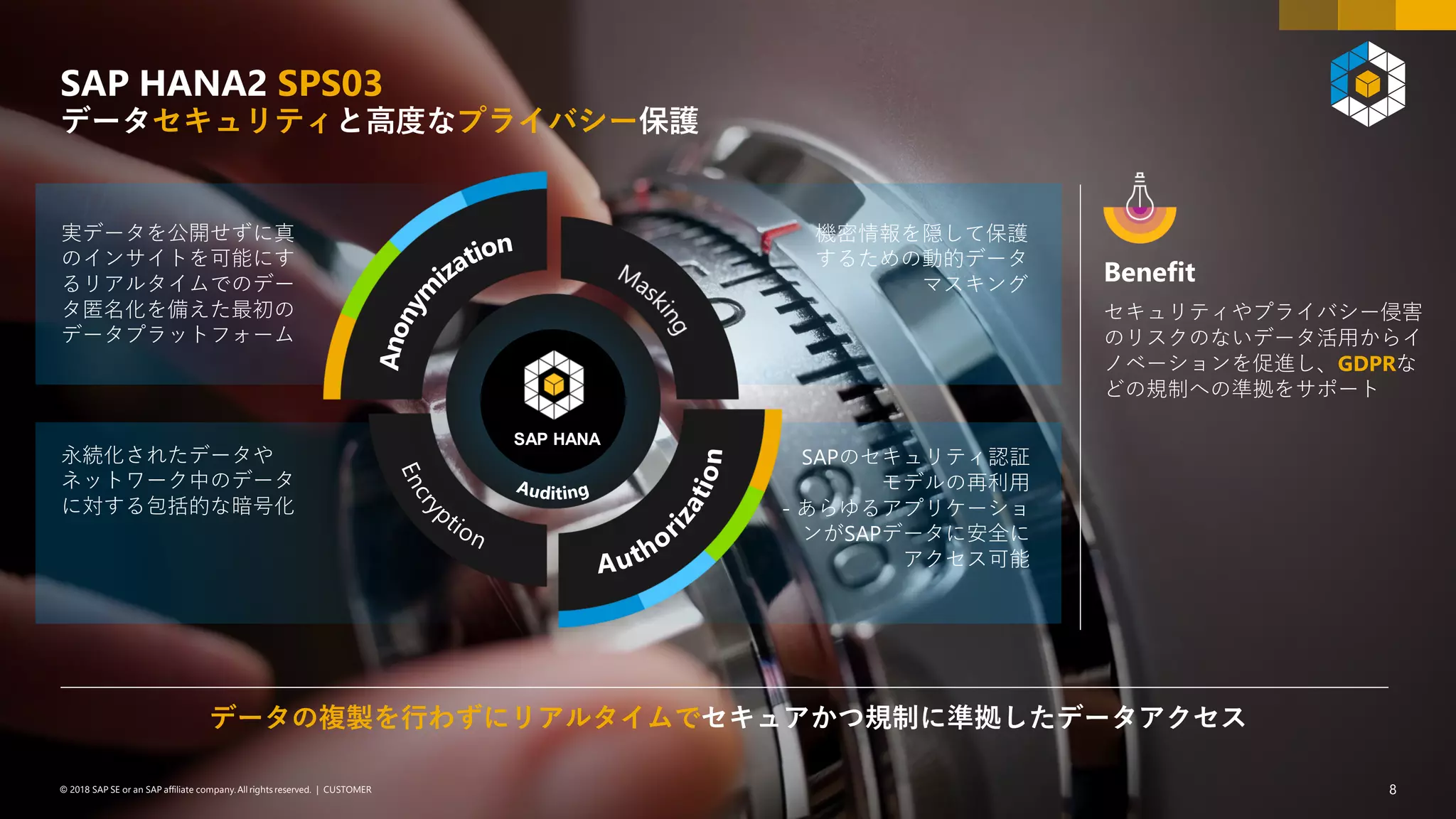 8PUBLIC© 2018 SAP SE or an SAP affiliate company. All rights reserved. ǀ© 2018 SAP SE or an SAP affiliate company.All rights reserved. ǀ CUSTOMER 8
Benefit
セキュリティやプライバシー侵害
のリスクのないデータ活用からイ
ノベーションを促進し、GDPRな
どの規制への準拠をサポート
SAP HANA
実データを公開せずに真
のインサイトを可能にす
るリアルタイムでのデー
タ匿名化を備えた最初の
データプラットフォーム
永続化されたデータや
ネットワーク中のデータ
に対する包括的な暗号化
SAPのセキュリティ認証
モデルの再利用
- あらゆるアプリケーショ
ンがSAPデータに安全に
アクセス可能
機密情報を隠して保護
するための動的データ
マスキング
データの複製を行わずにリアルタイムでセキュアかつ規制に準拠したデータアクセス
SAP HANA2 SPS03
データセキュリティと高度なプライバシー保護
 