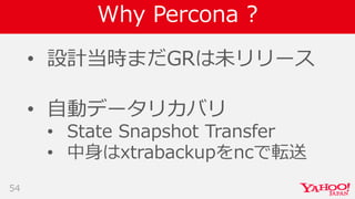 Why Percona ?
• 設計当時まだGRは未リリース
• 自動データリカバリ
• State Snapshot Transfer
• 中身はxtrabackupをncで転送
54
 