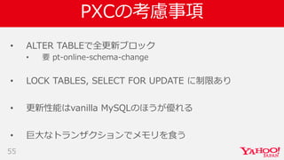 PXCの考慮事項
• ALTER TABLEで全更新ブロック
• 要 pt-online-schema-change
• LOCK TABLES, SELECT FOR UPDATE に制限あり
• 更新性能はvanilla MySQLのほうが優れる
• 巨大なトランザクションでメモリを食う
55
 