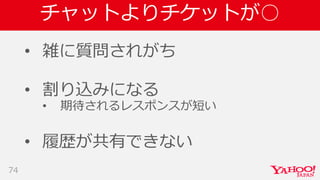チャットよりチケットが○
• 雑に質問されがち
• 割り込みになる
• 期待されるレスポンスが短い
• 履歴が共有できない
74
 