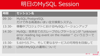明日のMySQL Session
時間 セッション名
09:30- MySQL/PostgreSQL
だけで作る高速あいまい全文検索システム
13:30- 稼働中プロジェクトにおけるMySQLバージョンアップ
14:30- MySQL: 突然全てのスレーブのレプケーションが “unknown
error reading log event on the master “ というエラーで
停止したら
15:30- 5.6から5.7へ、そして更なるサービスの可用性を目指して
17:30- LINEのMySQLの運用について
 