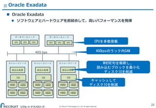 (C) Recruit Technologies Co.,Ltd. All rights reserved.
ストレージノード ストレージノード ストレージノード
Oracle Exadata
 Oracle Exadata
 ソフトウェアとハードウェアを密結合して、高いパフォーマンスを発揮
23
データベースノード
HDD
SSD
絞込み処理
HDD
HDD HDD
HDD
SSD
絞込み処理
HDD
HDD HDD
HDD
SSD
絞込み処理
HDD
HDD HDD
データベースノード
CPU
WHERE句を解釈し、
読み込むブロックを最小化
ディスクIOを削減
キャッシュして
ディスクIOを削減
CPUを多数搭載
40Gbpsのラック内SAN
CPU CPUCPU CPU CPU
40G bps
 