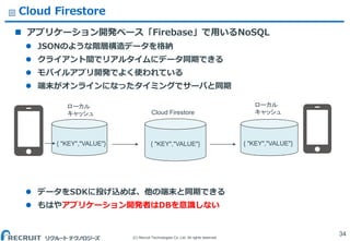(C) Recruit Technologies Co.,Ltd. All rights reserved.
Cloud Firestore
 アプリケーション開発ベース「Firebase」で用いるNoSQL
 JSONのような階層構造データを格納
 クライアント間でリアルタイムにデータ同期できる
 モバイルアプリ開発でよく使われている
 端末がオンラインになったタイミングでサーバと同期
 データをSDKに投げ込めば、他の端末と同期できる
 もはやアプリケーション開発者はDBを意識しない
34
ローカル
キャッシュ
{ "KEY","VALUE"}
Cloud Firestore
{ "KEY","VALUE"} { "KEY","VALUE"}
ローカル
キャッシュ
 