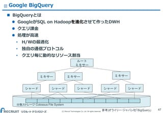 (C) Recruit Technologies Co.,Ltd. All rights reserved.
Google BigQuery
 BigQueryとは
 GoogleがSQL on Hadoopを進化させて作ったDWH
 クエリ課金
 処理が高速
&bull; H/Wの最適化
&bull; 独自の通信プロトコル
&bull; クエリ毎に動的なリソース割当
47
分散ストレージ Colossus File System
シャード シャード シャード シャード シャード
ミキサー ミキサー ミキサー
ルート
ミキサー
参考)オライリー・ジャパン社「BigQuery」
 