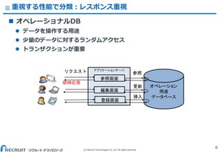(C) Recruit Technologies Co.,Ltd. All rights reserved.
重視する性能で分類：レスポンス重視
6
 オペレーショナルDB
 データを操作する用途
 少量のデータに対するランダムアクセス
 トランザクションが重要
アプリケーションサーバ
オペレーション
用途
データベース
登録画面
リクエスト 参照
更新
挿入
参照画面
編集画面
即時応答
 