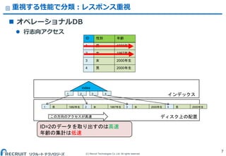 (C) Recruit Technologies Co.,Ltd. All rights reserved.
重視する性能で分類：レスポンス重視
7
 オペレーショナルDB
 行志向アクセス
1 1982年生
2 1967年生
3 2000年生
4 2000年生
男
女
女
男
ID 年齢性別
ID=2のデータを取り出すのは高速
年齢の集計は低速
1 1982年生男 2 1967年生女 3 2000年生女 4 2000年生男
1 2 3 4
index
この方向のアクセスが高速
インデックス
ディスク上の配置
 