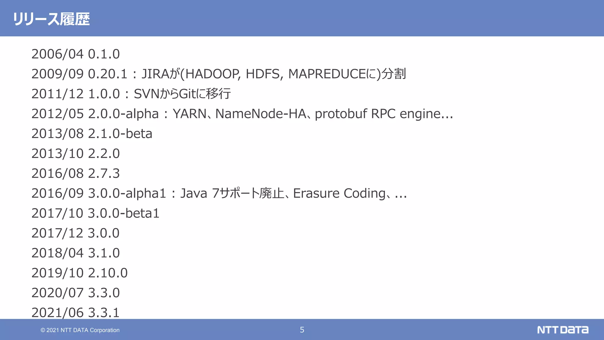 5
© 2021 NTT DATA Corporation
リリース履歴
2006/04 0.1.0
2009/09 0.20.1 : JIRAが(HADOOP, HDFS, MAPREDUCEに)分割
2011/12 1.0.0 : SVNからGitに移行
2012/05 2.0.0-alpha : YARN、NameNode-HA、protobuf RPC engine...
2013/08 2.1.0-beta
2013/10 2.2.0
2016/08 2.7.3
2016/09 3.0.0-alpha1 : Java 7サポート廃止、Erasure Coding、...
2017/10 3.0.0-beta1
2017/12 3.0.0
2018/04 3.1.0
2019/10 2.10.0
2020/07 3.3.0
2021/06 3.3.1
 