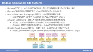 15
© 2021 NTT DATA Corporation
Hadoop Compatible File Systems
• HadoopのアプリケーションがHDFS以外のデータストアも透過的に使えるようにする仕組み
• Ozoneもこれを利用して既存アプリケーションが活用できるようにしている
• Azure Data Lake Storage gen2用モジュールの開発は最近活発
• see HADOOP-15407, HADOOP-15763, HADOOP-17736
• Amazon S3用のモジュールは元々利用者が多く、継続的に改善されている
• 2020/12にS3の一貫性の仕様が変わり、S3Guardは不要になった
• Amazon EMRで利用されているモジュールはAWSが独自に提供(非OSS)
• Google Cloud Storage用モジュールはサードパーティOSSとして公開されている
• https://github.com/GoogleCloudDataproc/hadoop-connectors/tree/v2.2.3/gcs
 