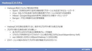16
© 2021 NTT DATA Corporation
Hadoopエコシステム
• Hadoopと周辺ミドルウェア群を指す呼称
• Spark: 汎用的なAPIで並列分散処理アプリケーションを記述できるフレームワーク
• Hive: SQLライクな言語で並列分散処理アプリケーションを記述できる処理系
• HBase: GoogleのBigtableを参考に実装された分散キーバリューストア
• Ranger: アクセス制御のための管理基盤
• ...
• Hadoopに非互換な変更が入ると、依存するプロダクト側でも修正が必要
• プロダクト間の互換性を保つのは難しい
• 各プロダクトはそれぞれ独立の開発者グループが維持
• ミドルウェアが利用するライブラリのバージョン競合が起こりがち(Javaのdependency hell)
• see HBASE-22953 (HBaseのHadoop 3.3対応の例)
• どのバージョンの組み合わせでプロダクト群が機能するかは分りにくい
 