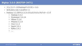 18
© 2021 NTT DATA Corporation
Bigtop 3.0.0 (BIGTOP-3471)
• コミュニティベースのHadoopディストリビューション
• 先月(2021/10) 3.0.0がリリース
• Hadoop 3.2.2を中心にエコシステムのミドルウェアをパッケージング
• Hadoop 3.2.2
• Zookeeper 3.4.14
• HBase 2.2.6
• Phoenix 5.1.0
• Hive 3.1.2
• Spark 3.0.1
• Kafka 2.4.1
• ...
 