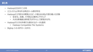 19
© 2021 NTT DATA Corporation
まとめ
• Hadoopも生まれて15年
• エコシステムと呼ばれる周辺ツール群が存在
• Hadoopのコア部分の開発(のスピード感)は以前より落ち着いた印象
• 安定化、改善、バグ修正は意外とアクティブ
• 大きな新機能は新規プロダクトとして実現されがち
• Hadoopクラスタの外側でも使われるパーツも提供
• Hadoop Compatible File Systems
• Bigtop 3.0.0がリリースされた
 