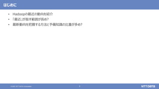 3
© 2021 NTT DATA Corporation
はじめに
• Hadoopの最近の動向を紹介
• 「最近」が指す範囲が長め?
• 最新動向を把握する方法と予備知識の比重が多め?
 