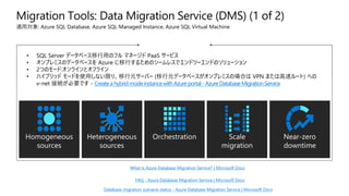 • SQL Server データベース移行用のフル マネージド PaaS サービス
• オンプレミスのデータベースを Azure に移行するためのシームレスでエンドツーエンドのソリューション
• 2つのモード:オンラインとオフライン
• ハイブリッド モードを使用しない限り、移行元サーバー (移行元データベースがオンプレミスの場合は VPN または高速ルート) への
v-net 接続が必要です - Createa hybridmodeinstancewithAzureportal-AzureDatabaseMigrationService
Near-zero
downtime
Scale
migration
Orchestration
Heterogeneous
sources
Homogeneous
sources
Migration Tools: Data Migration Service (DMS) (1 of 2)
What is Azure Database Migration Service? | Microsoft Docs
FAQ - Azure Database Migration Service | Microsoft Docs
適用対象: Azure SQL Database, Azure SQL Managed Instance, Azure SQL Virtual Machine
Database migration scenario status - Azure Database Migration Service | Microsoft Docs
 