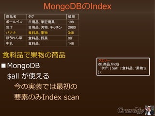 MongoDBのIndex
商品名

タグ

値段

ボールペン

日用品, 筆記用具

198

包丁

日用品, 刃物, キッチン

2980

バナナ

食料品, 果物

348

ほうれん草

食料品, 野菜

98

牛乳

食料品,

148

食料品で果物の商品
■MongoDB
　$all が使える
　　今の実装では最初の
　　要素のみIndex scan

クエリー
db.商品.find({
　'タグ': { $all : ['食料品', '果物']}
});

 