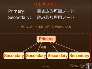 replica-set
Primary:
書き込み可能ノード
Secondary: 　読み取り専用ノード
全てのノードは同じデータを持っている

Primary
同期

Secondary Secondary Secondary Secondary
－34 －

 