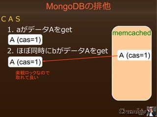 MongoDBの排他
ＣＡＳ
　1. aがデータAをget
Ａ (cas=1)
　2. ほぼ同時にbがデータAをget
　 Ａ (cas=1)
　 楽観ロックなので
取れて良い

memcached
Ａ (cas=1)

 