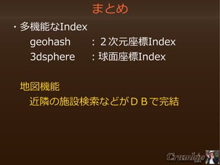 まとめ
　・多機能なIndex
　　　geohash
：２次元座標Index
　　　3dsphere ：球面座標Index
　　地図機能
近隣の施設検索などがＤＢで完結

 