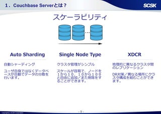 Copyright(c) SCSK Corporation - 9 -
スケーラビリティ
XDCRSingle Node Type
自動シャーディング
ユーザ自身ではなくデータベ
ースが自動でデータの分散を
行います。
地理的に異なるクラスタ間
のレプリケーション
DR対策／異なる場所にクラ
スタ構成を組むことができ
ます。
クラスタ管理がシンプル
スケールが容易で、ノードを
１から１０、１０から１００
と自由に追加／また削除をす
ることができます。
Auto Sharding
１．Couchbase Serverとは？
 