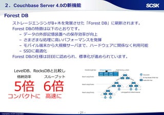 Copyright(c) SCSK Corporation - 21 -
２．Couchbase Server 4.0の新機能
Forest DB
ストレージエンジンがB+木を発展させた「Forest DB」に刷新されます。
Forest DBの特徴は以下のとおりです。
– データの外部記憶装置への保存効率が向上
– さまざまな処理に高いパフォーマンスを発揮
– モバイル端末から大規模サーバまで、ハードウェアに関係なく利用可能
– SSDに最適化
Forest DBの仕様はIEEEに認められ、標準化が進められています。
スループット格納効率
LevelDB、RocksDBと比較し
コンパクトに
5倍
高速に
6倍
 