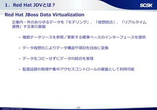 Copyright(c) SCSK Corporation - 29 -
１．Red Hat JDVとは？
Red Hat JBoss Data Virtualization
企業内・外のあらゆるデータを「モデリング」、「仮想統合」、「リアルタイム
連携」する実行基盤
– 複数データソースを参照／更新する標準ベースのインターフェースを提供
– データ仮想化によりデータ構造や項目を自由に変換
– データをコピーせずにデータの統合を実現
– 監査証跡の取得や集中アクセスコントロールの基盤として利用可能
 