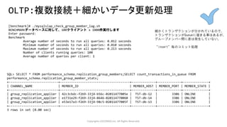 OLTP:複数接続＋細かいデータ更新処理
Copyrights LOCONDO,Inc. All Rights Reserved.
[benchmark]# ./mysqlslap_check_group_member_lag.sh
BENCHMARKデータベースに対して、100クライアント x 1000件実行します
Enter password:
Benchmark
Average number of seconds to run all queries: 0.012 seconds
Minimum number of seconds to run all queries: 0.010 seconds
Maximum number of seconds to run all queries: 0.213 seconds
Number of clients running queries: 100
Average number of queries per client: 1
SQL> SELECT * FROM performance_schema.replication_group_members;SELECT count_transactions_in_queue FROM
performance_schema.replication_group_member_stats;
+---------------------------+--------------------------------------+-------------+-------------+--------------+
| CHANNEL_NAME | MEMBER_ID | MEMBER_HOST | MEMBER_PORT | MEMBER_STATE |
+---------------------------+--------------------------------------+-------------+-------------+--------------+
| group_replication_applier | 42c3cbdc-f269-33j4-b56c-02011477005e | TST-db-12 | 3306 | ONLINE |
| group_replication_applier | e1731e29-f269-33j4-8646-020114770060 | TST-db-14 | 3306 | ONLINE |
| group_replication_applier | e53e17a3-f269-33j4-98c5-02011477005f | TST-db-13 | 3306 | ONLINE |
+---------------------------+--------------------------------------+-------------+-------------+--------------+
3 rows in set (0.00 sec)
細かくトランザクションが分かれているので、
トランザクションがQueueに溜まる事はあるが、
グループメンバー間に差は発生していない。
“insert”毎のコミット処理
 