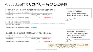 Copyrights LOCONDO,Inc. All Rights Reserved.
xtrabackupにてリカバリー時のひと手間
[(none)]> select * from mysql.gtid_executed;
+--------------------------------------+----------------+----------------+
| source_uuid | interval_start | interval_end |
+--------------------------------------+----------------+----------------+
| cb904887-a1fc-11e8-ae58-02011477005e | 1 | 24598584 |
+--------------------------------------+----------------+----------------+
[(none)]> select @@global.GTID_EXECUTED;
+--------------------------------------------------------------------------------------------+
| @@global.GTID_EXECUTED |
+--------------------------------------------------------------------------------------------+
| cb904887-a1fc-11e8-ae58-02011477005e:1-24598587 |
+--------------------------------------------------------------------------------------------+
バックアップ取得時も
mysql.gtid_executedと
実際に実行したGTIDは異なる。
[(none)]> select * from mysql.gtid_executed;
+--------------------------------------+----------------+---------------+
| source_uuid | interval_start | interval_end |
+--------------------------------------+----------------+---------------+
| cb904887-a1fc-11e8-ae58-02011477005e | 1 | 24598584 |
+--------------------------------------+----------------+---------------+
リストア後にグループレプリ
ケーションは自動的に起動す
るが以下のエラーになって
グループ参加出来ない。
Duplicate entry '4600001' for key 'PRIMARY', Error_code: 1062;
handler error HA_ERR_FOUND_DUPP_KEY;
リストア時にテーブルの中身が実際にEXECUTEされた値ではない
バックアップ時 （テーブルの中身が実際にEXECUTEされた値ではない)
 