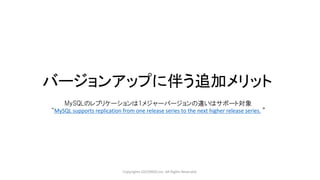 バージョンアップに伴う追加メリット
Copyrights LOCONDO,Inc. All Rights Reserved.
MySQLのレプリケーションは1メジャーバージョンの違いはサポート対象
“MySQL supports replication from one release series to the next higher release series. ”
 