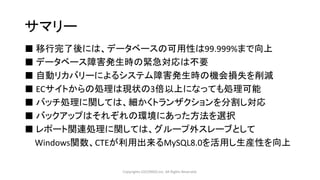 サマリー
■ 移行完了後には、データベースの可用性は99.999%まで向上
■ データベース障害発生時の緊急対応は不要
■ 自動リカバリーによるシステム障害発生時の機会損失を削減
■ ECサイトからの処理は現状の3倍以上になっても処理可能
■ バッチ処理に関しては、細かくトランザクションを分割し対応
■ バックアップはそれぞれの環境にあった方法を選択
■ レポート関連処理に関しては、グループ外スレーブとして
Windows関数、CTEが利用出来るMySQL8.0を活用し生産性を向上
Copyrights LOCONDO,Inc. All Rights Reserved.
 