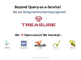 2014/09/17	
  Talk@Japan	
  DataScientist	
  Society 69
Beyond	
  Query-­‐as-­‐a-­‐Service!
We	
  	
  	
  	
  	
  	
  	
  Open-­‐source!	
  We	
  invented	
  ..
We	
  are	
  hiring	
  machine	
  learning	
  engineer!
 
