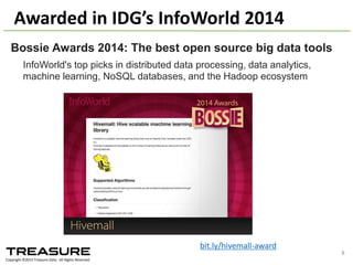 List	
  of	
  Features	
  in	
  Hivemall	
  v0.3.2
Classification	
  (both	
  
binary-­‐ and	
  multi-­‐class)
✓ Perceptron
✓ Passive	
  Aggressive	
  (PA)
✓ Confidence	
  Weighted	
  (CW)
✓ Adaptive	
  Regularization	
  of	
  
Weight	
  Vectors	
  (AROW)
✓ Soft	
  Confidence	
  Weighted	
  
(SCW)
✓ AdaGrad+RDA
Regression
✓Logistic	
  Regression	
  (SGD)
✓PA	
  Regression
✓AROW	
  Regression
✓AdaGrad
✓AdaDELTA
kNN and	
  Recommendation
✓ Minhash and	
  b-­‐Bit	
  Minhash
(LSH	
  variant)
✓ Similarity	
   Search	
  using	
  K-­‐NN
(Euclid/Cosine/Jaccard/Angular)
✓ Matrix	
  Factorization
Feature	
  engineering
✓ Feature	
  Hashing
✓ Feature	
  Scaling
(normalization,	
   z-­‐score)	
  
✓ TF-­‐IDF	
  vectorizer
✓ Polynomial	
  Expansion
Anomaly	
  Detection
✓ Local	
  Outlier	
  Factor
Treasure	
  Data	
  supports	
  Hivemall	
  v0.3.2-­‐3
2014/09/17	
  Talk@Japan	
  DataScientist	
  Society 8
 
