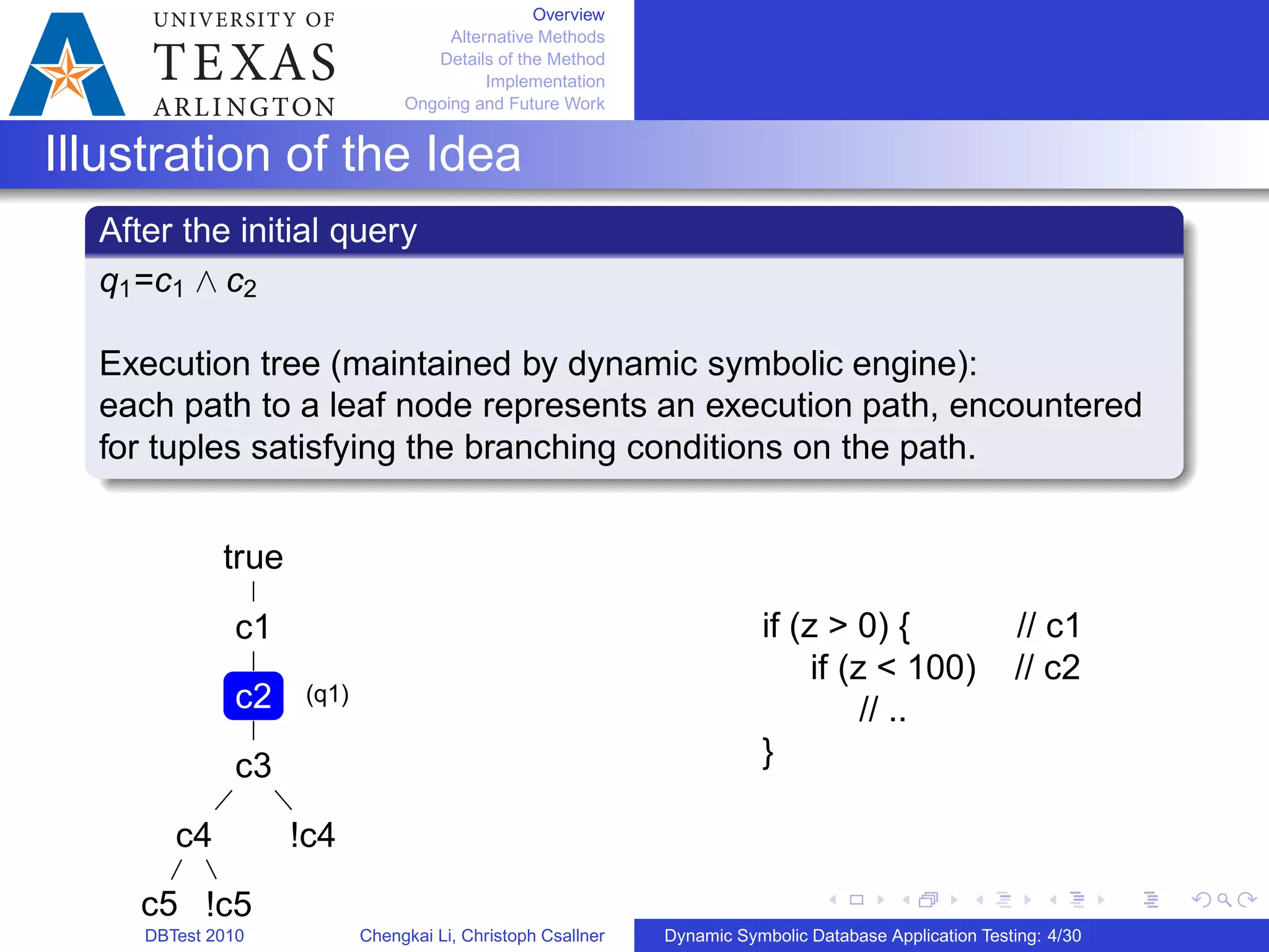 Overview
Alternative Methods
Details of the Method
Implementation
Ongoing and Future Work
Illustration of the Idea
After the initial query
q1=c1 ∧ c2
Execution tree (maintained by dynamic symbolic engine):
each path to a leaf node represents an execution path, encountered
for tuples satisfying the branching conditions on the path.
true
c1
c2
c3
c4
c5 !c5
!c4
(q1)
if (z > 0) { // c1
if (z < 100) // c2
// ..
}
DBTest 2010 Chengkai Li, Christoph Csallner Dynamic Symbolic Database Application Testing: 4/30
 