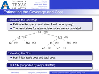 Overview
Alternative Methods
Details of the Method
Implementation
Ongoing and Future Work
Estimating the Coverage and Cost
Estimating the Coverage
Estimate the query result size of leaf node (query).
The result sizes for intermediate nodes are accumulated.
c1
c2
c3 !c3
!c2
c4
c5 !c5
!c4
(100)
(20) (80)
(10) (10) (40) (40)
(30) (10)
Estimating the Cost
both initial tuple cost and total cost.
EXPLAIN (supported by major DBMSs)
DBTest 2010 Chengkai Li, Christoph Csallner Dynamic Symbolic Database Application Testing: 23/30
 