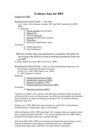 Evidence base for DBT
Support for DBT
Randomized Clinical Trials = 7 with BPD
(see Lynch, Trost, Salsman, Linehan, 2007 and NICE Guidelines for BPD,
2009).
 Reducing:
 Suicide attempts and self-injury
 Medical risk
 Premature drop-out
 Inpatient/ER admissions and days
 Drug abuse
 Depression, hopelessness, anger
Increasing:
 Global adjustment
 Social adjustment
DBT has recently been conceptualized as a treatment with utility for
intervening with difficult-to-treat & multiply-disordered clients not
just BPD
(Linehan, Bohus, & Lynch, 2007; Lynch et al., 2006).
Randomized Clinical Trials = Three for Treatment Resistant Depression and
Emotionally Constricted Personality Disorders
(Lynch et al., 2003; 2006; Harley et al., 2008)
 DBT Superior to Controls:
Reducing:
 Interpersonal Sensitivity (2006)
 Interpersonal Aggression (2006)
 Depressive symptoms (2008)
 Quicker reductions in depression (2006)
Increasing:
 Depression remission (2003)
Verheul et al. (2004): Lower attrition rates than other treatments, Better at reducing
self-harm in fairly severe self-harm group, Can effectively treat people with substance
misuse problems, No better at reducing suicide than TAU, No better at reducing
depression than TAU
Stanley et al. (1998). DBT better than treatment as usual (TAU): self-mutilation,
suicidal ideation, suicidal urges, urges to self-mutilate
Miller & Rathmus (1991). DBT better than TAU: treatment drop-out, inpatient psych
days, (outpatient adolescents).DBT = TAU suicide attempts However, DBT subject
group had much higher initial rates of suicide attempts
McCann & Ball (1996). DBT pre-treatment scores better than post-treatment scores:
depressed and hostile mood, paranoia, psychotic behaviours, maladaptive
interpersonal coping styles, staff burn-out (trend) (forensic inpatients).
 