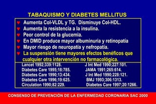 ♥
♥
♥
♥
♥
♥

TABAQUISMO Y DIABETES MELLITUS
Aumenta Col-VLDL y TG. Disminuye Col-HDL.
Aumenta la resistencia a la insulina.
Peor control de la glucemia.
En DMID produce mayor albuminuria y retinopatía
Mayor riesgo de neuropatía y nefropatía.
La suspensión tiene mayores efectos benéficos que
cualquier otra intervención no farmacológica.

Lancet 1992;339:1128.
Diabetes Care 1995;18:785.
Diabetes Care 1990;13:434.
Diabetes Care 1996;19:625.
Circulation 1990;82:229.

J Int Med 1990;227:101.
JAMA 1991;265:614.
J Int Med 1990;228:121.
BMJ 1993;306:1313.
Diabetes Care 1997;20:1266.
1997;20:1266

CONSENSO DE PREVENCIÓN DE LA ENFERMEDAD CORONARIA SAC 2000

 
