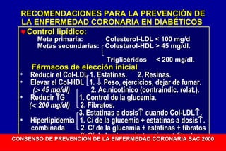 RECOMENDACIONES PARA LA PREVENCIÓN DE
LA ENFERMEDAD CORONARIA EN DIABÉTICOS
♥ Control lipídico:
Meta primaria:
Colesterol-LDL < 100 mg/d
Metas secundarias: Colesterol-HDL > 45 mg/dl.
Triglicéridos

< 200 mg/dl.

Fármacos de elección inicial
• Reducir el Col-LDL 1. Estatinas. 2. Resinas.
• Elevar el Col-HDL 1. ↓ Peso, ejercicios, dejar de fumar.
(> 45 mg/dl)
2. Ac.nicotínico (contraindic. relat.).
• Reducir TG
1. Control de la glucemia.
(< 200 mg/dl) 2. Fibratos.
3. Estatinas a dosis↑ cuando Col-LDL↑ .
• Hiperlipidemia 1. C/ de la glucemia + estatinas a dosis↑ .
combinada
2. C/ de la glucemia + estatinas + fibratos
3. C/ de la glucemia + resinas + fibratos.
CONSENSO DE PREVENCIÓN DE LA ENFERMEDAD CORONARIA SAC 2000

 