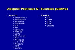 Dipeptidil Peptidasa IV: Sustratos putativos
• Xaa-Pro
•
•
•
•
•
•
•
•
•
•
•
•
•
•
•
•

Endomorfina 2
Enterostatina
Bradikinina
Sustancia P
NPY
PYY
Aprotinina
RANTES
GCP-2
MCP-1, 2 y 3
IGF-I
Procolipasa
IL-2 e IL-1b
Prolactina
HCG
Etcétera

• Xaa-Ala
•
•
•
•
•

GIP
GHRH
GLP-1
GLP-2
Etcétera

 