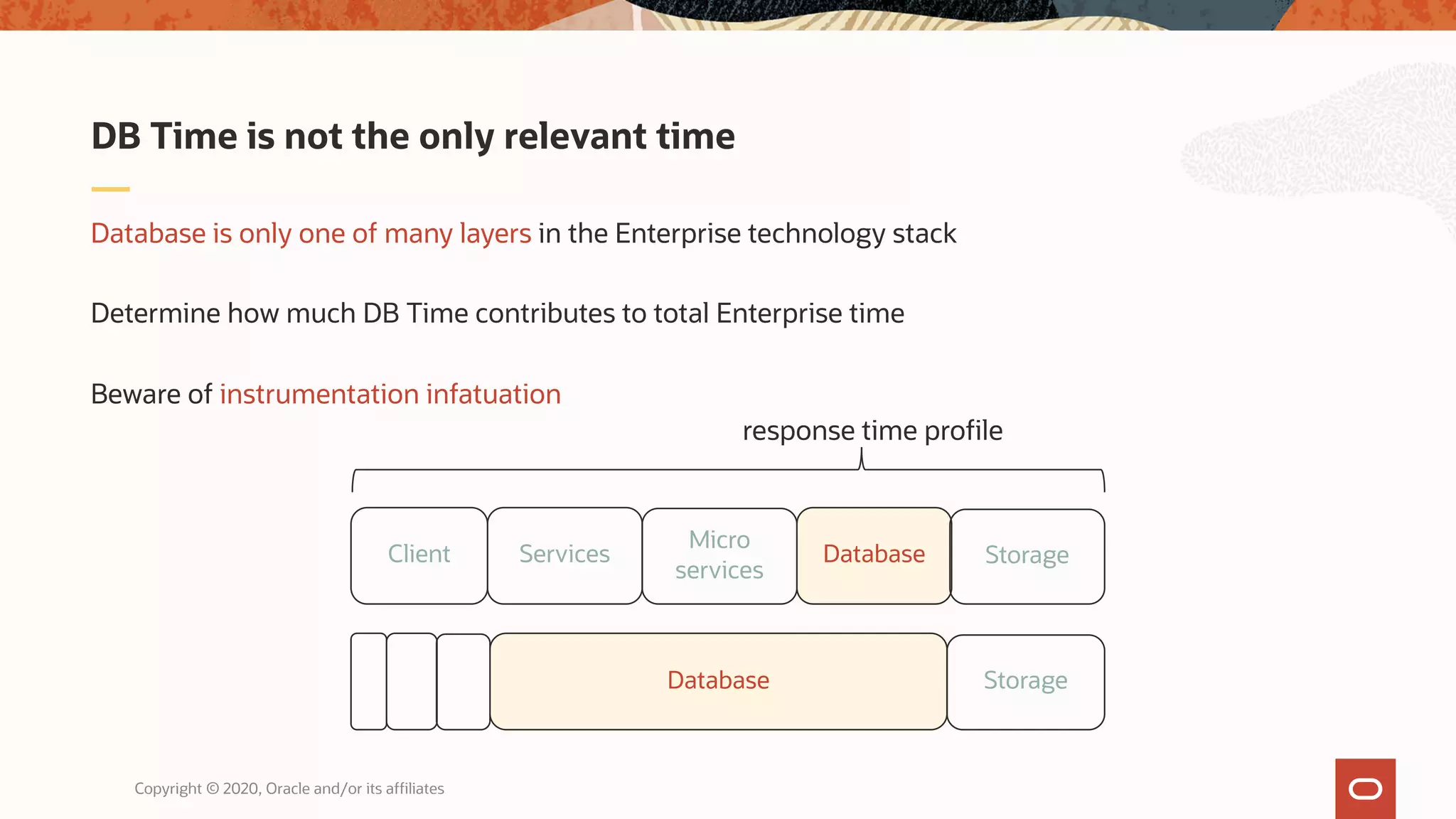 Copyright © 2020, Oracle and/or its affiliates
Database is only one of many layers in the Enterprise technology stack
Determine how much DB Time contributes to total Enterprise time
Beware of instrumentation infatuation
DB Time is not the only relevant time
Database Storage
Client Services
Micro
services
Database Storage
response time profile
 