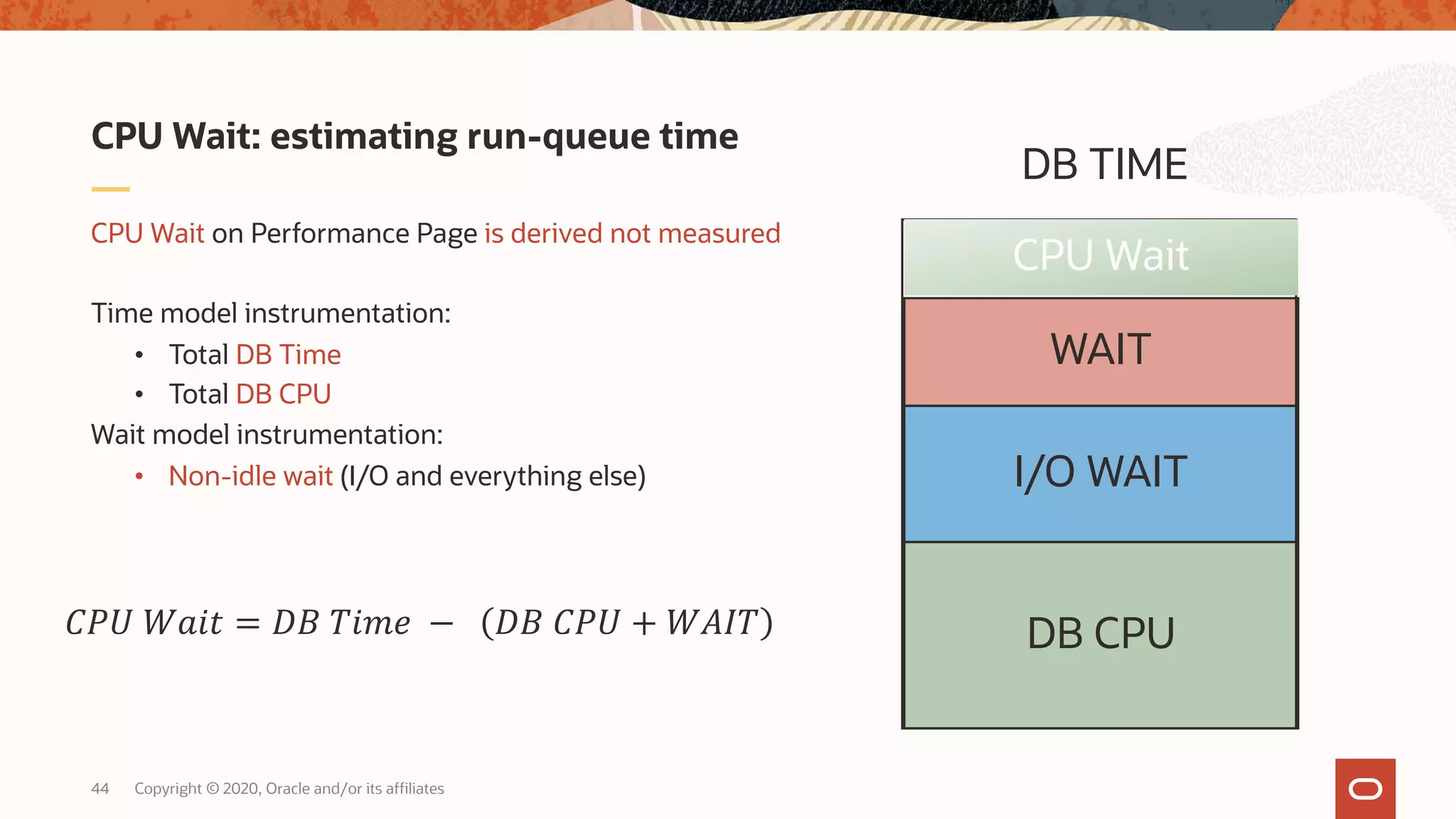 Copyright © 2020, Oracle and/or its affiliates44
CPU Wait on Performance Page is derived not measured
Time model instrumentation:
• Total DB Time
• Total DB CPU
Wait model instrumentation:
• Non-idle wait (I/O and everything else)
CPU Wait: estimating run-queue time
!"# $%&' = )* +&,- − )* !"# + $01+ DB CPU
I/O WAIT
WAIT
DB TIME
CPU Wait
 