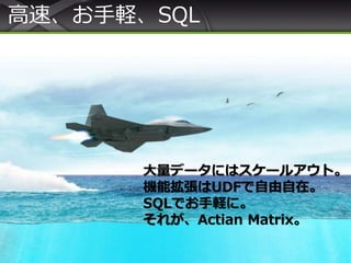 高速、お手軽、SQL
大量データにはスケールアウト。
機能拡張はUDFで自由自在。
SQLでお手軽に。
それが、Actian Matrix。
 