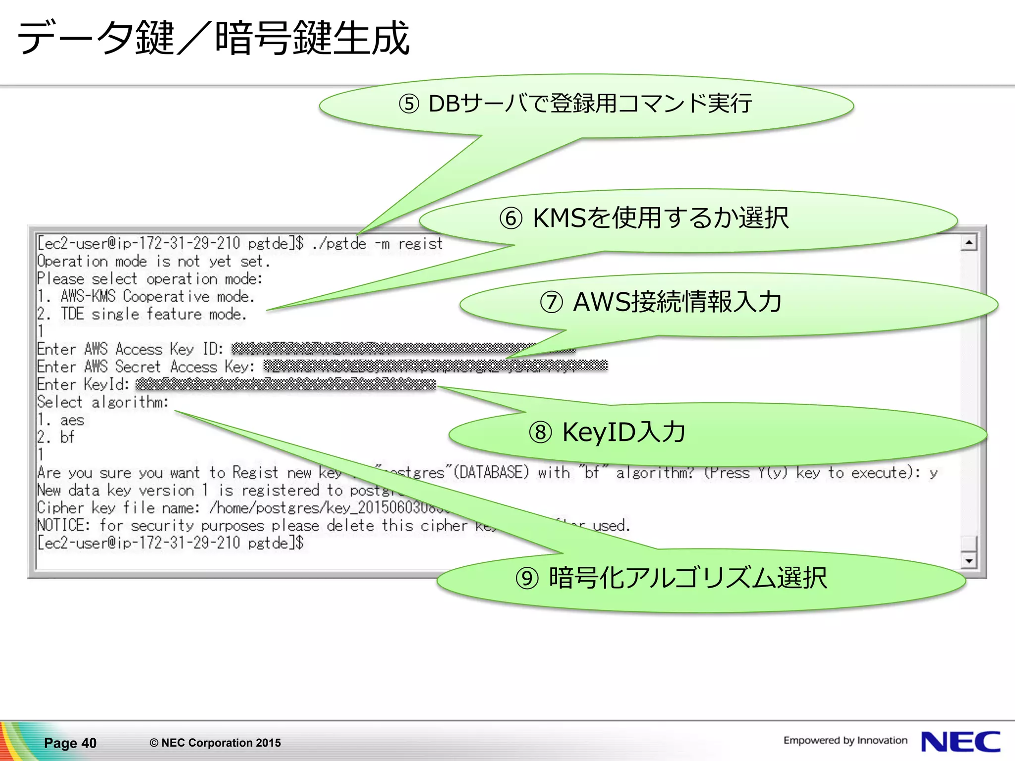 Page 40 © NEC Corporation 2015
データ鍵／暗号鍵生成
⑤ DBサーバで登録用コマンド実行
⑦ AWS接続情報入力
⑧ KeyID入力
⑨ 暗号化アルゴリズム選択
⑥ KMSを使用するか選択
 