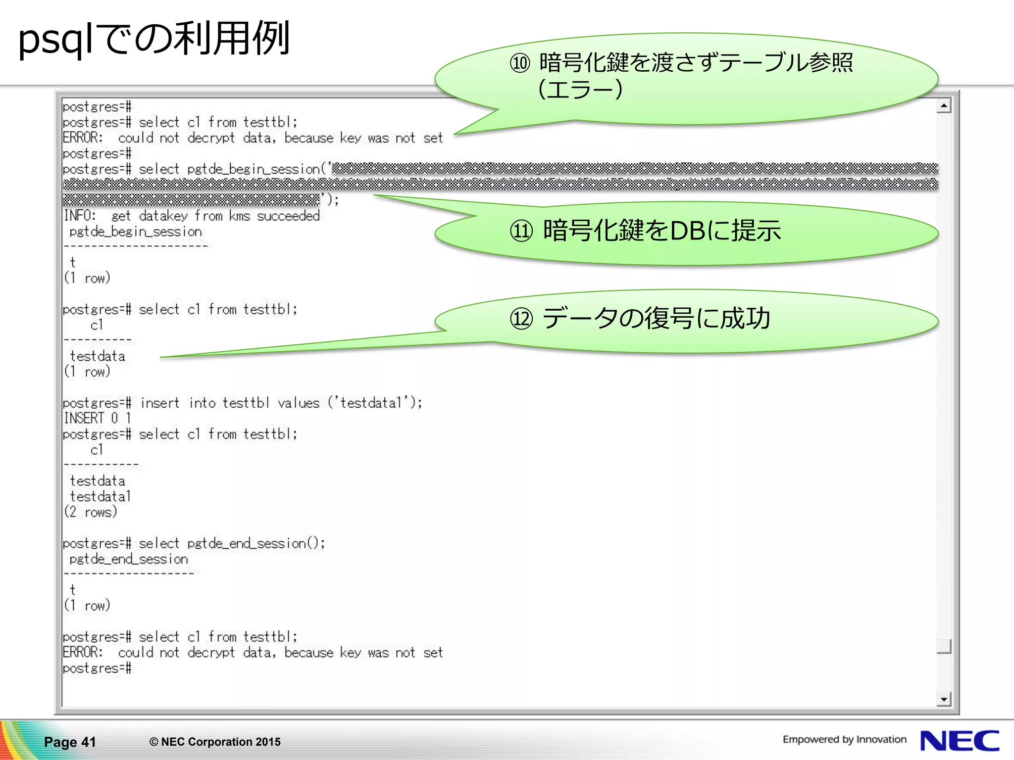 Page 41 © NEC Corporation 2015
psqlでの利用例
⑪ 暗号化鍵をDBに提示
⑩ 暗号化鍵を渡さずテーブル参照
（エラー）
⑫ データの復号に成功
 