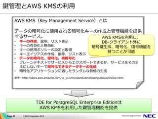 Page 31 © NEC Corporation 2015
鍵管理とAWS KMSの利用
AWS KMS（Key Management Service）とは
データの暗号化に使用される暗号化キーの作成と管理機能を提供
するサービス。
• キーの作成、説明、リスト表示
• キーの有効化と無効化
• キーの使用ポリシーの設定と取得
• キーエイリアスの作成、削除、リスト表示
• データの暗号化、復号化、再暗号化
• プレーンテキストでサービスからエクスポートできるか、サービスをそのま
まにしないキーで暗号化できるデータキーの生成
• 暗号化アプリケーションに適したランダムな数値の生成
参考：http://docs.aws.amazon.com/ja_jp/kms/latest/developerguide/overview.html
AWS KMSを利用し、
DB-クライアント外に
暗号鍵生成、暗号化、復号機能を
持つことが可能
TDE for PostgreSQL Enterprise Editionは
AWS KMSを利用した鍵管理機能を提供
 